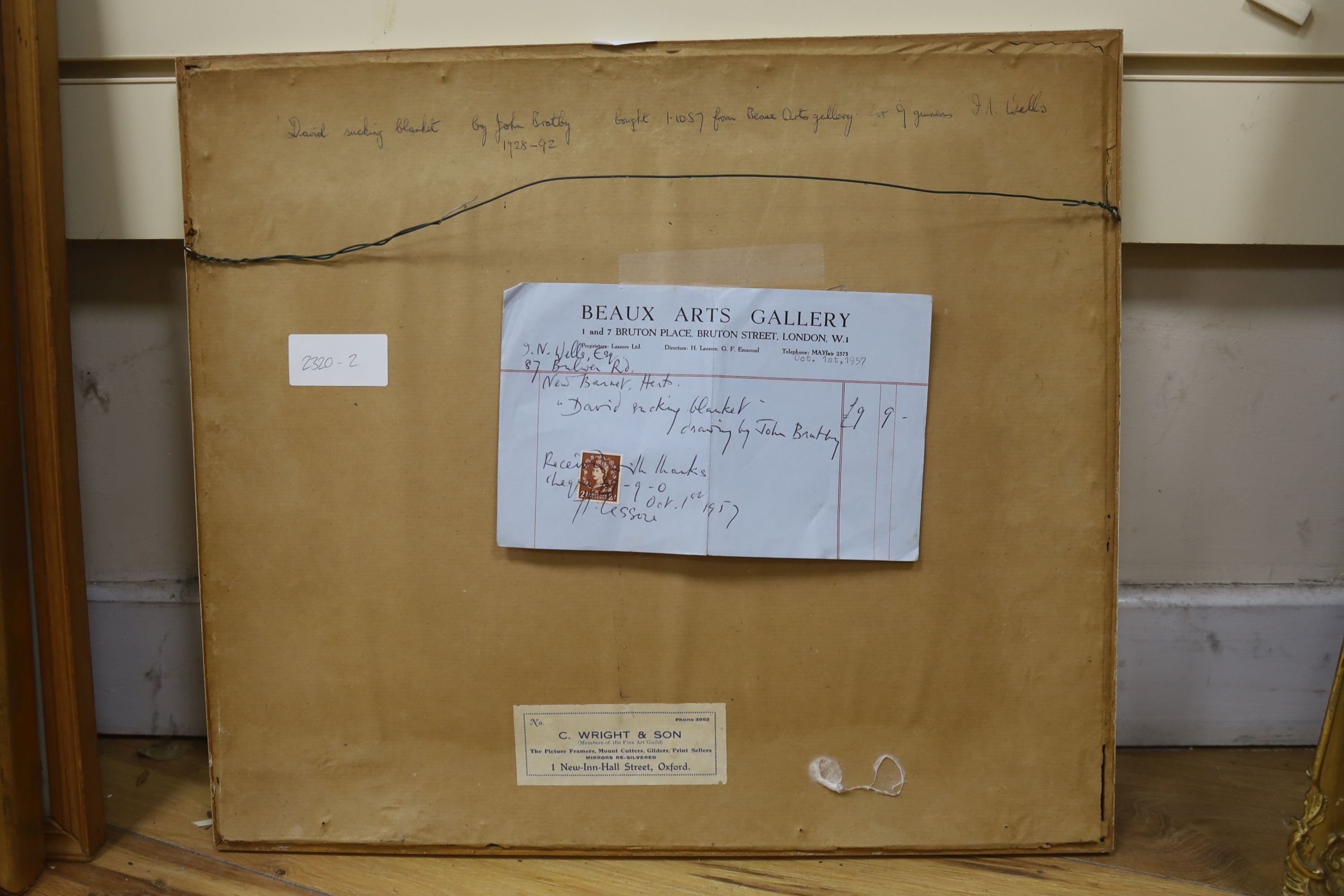 John Bratby (1928-1992), pencil on paper, 'David sucking blanket', inscribed verso, Beaux Arts Gallery bill of sale verso, 28 x 32cm